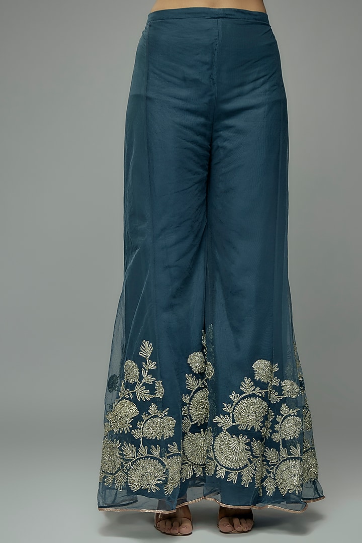 Blue Pleated Polyester Pants by Kiran Uttam Ghosh at Pernia's Pop Up Shop