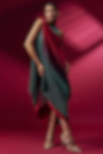 Teal & Red Ombre Pleated Polyester One-Shoulder Draped Vacation Dress by Kiran Uttam Ghosh at Pernia's Pop Up Shop