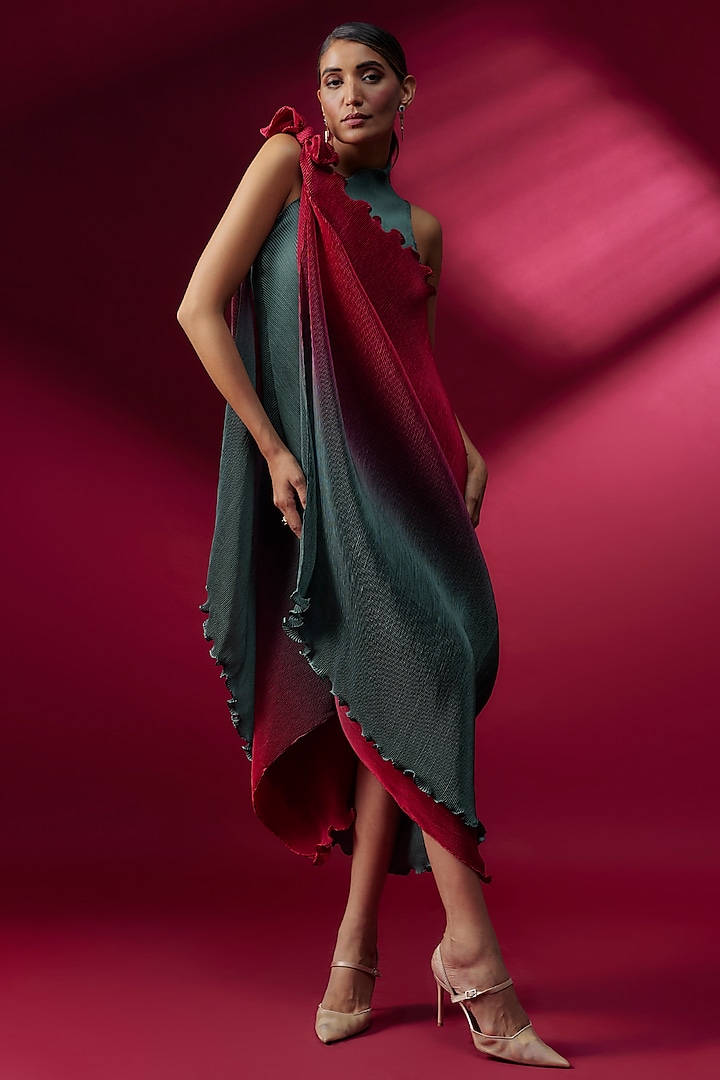 Teal & Red Ombre Pleated Polyester One-Shoulder Draped Vacation Dress by Kiran Uttam Ghosh at Pernia's Pop Up Shop