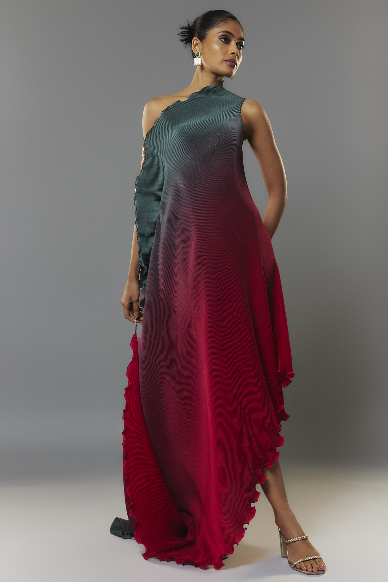 Green & Red Pleated Polyester Tunic by Kiran Uttam Ghosh at Pernia's Pop Up Shop