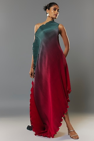 Green & Red Pleated Polyester Tunic by Kiran Uttam Ghosh