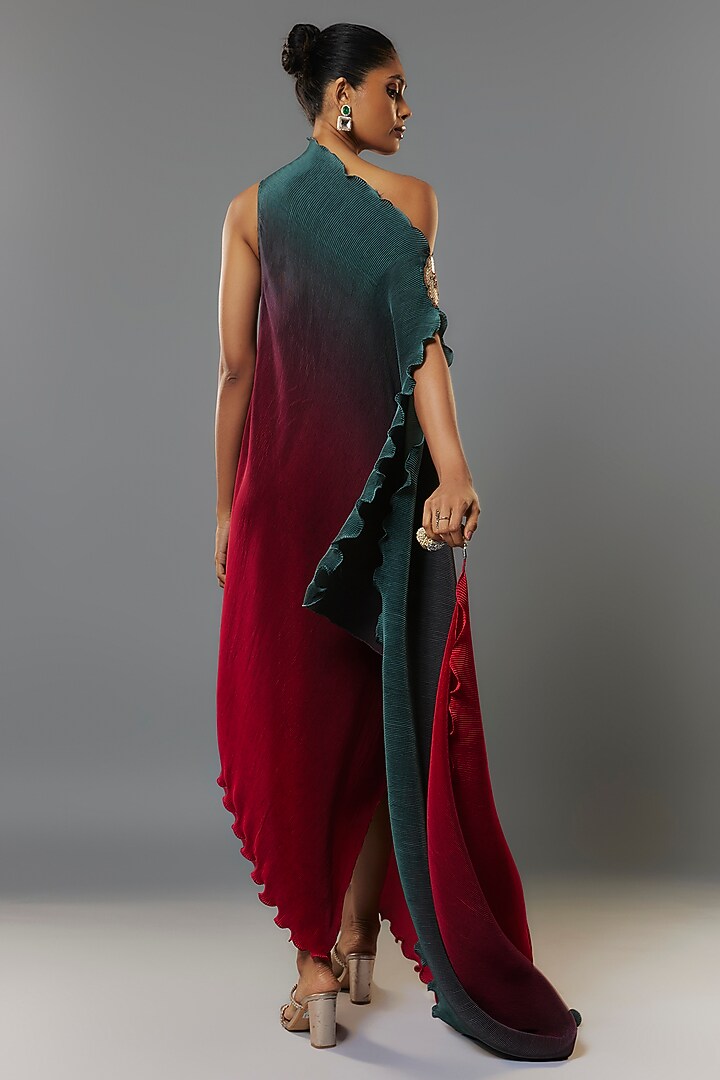 Green & Red Pleated Polyester Tunic by Kiran Uttam Ghosh at Pernia's Pop Up Shop