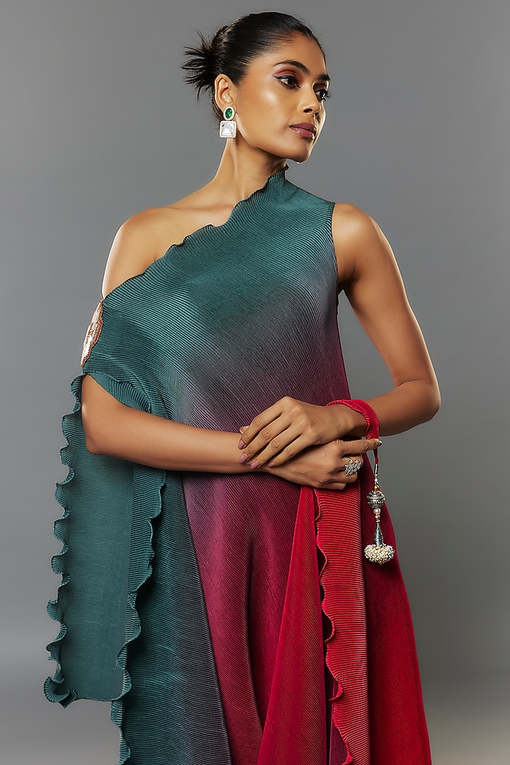 Green & Red Pleated Polyester Tunic by Kiran Uttam Ghosh at Pernia's Pop Up Shop