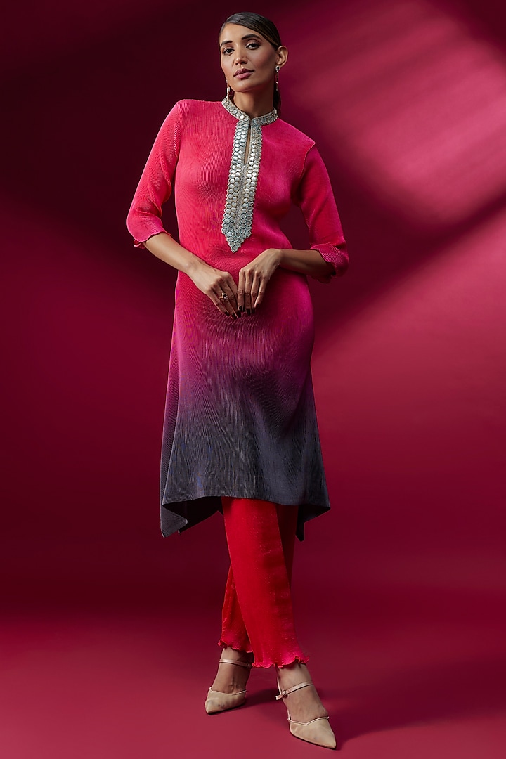 Pink & Grey Ombre Pleated Polyester Embroidered Kaftan by Kiran Uttam Ghosh at Pernia's Pop Up Shop