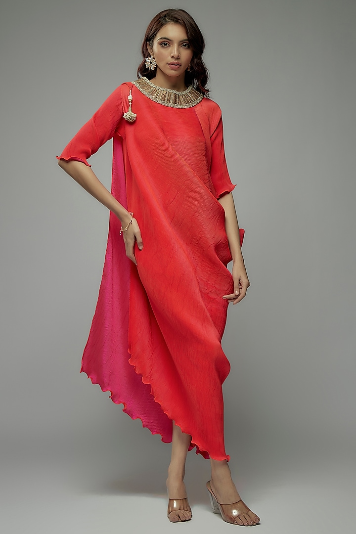 Red Pleated Polyester Tunic by Kiran Uttam Ghosh