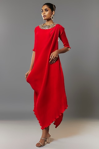 Red Pleated Polyester Tunic by Kiran Uttam Ghosh