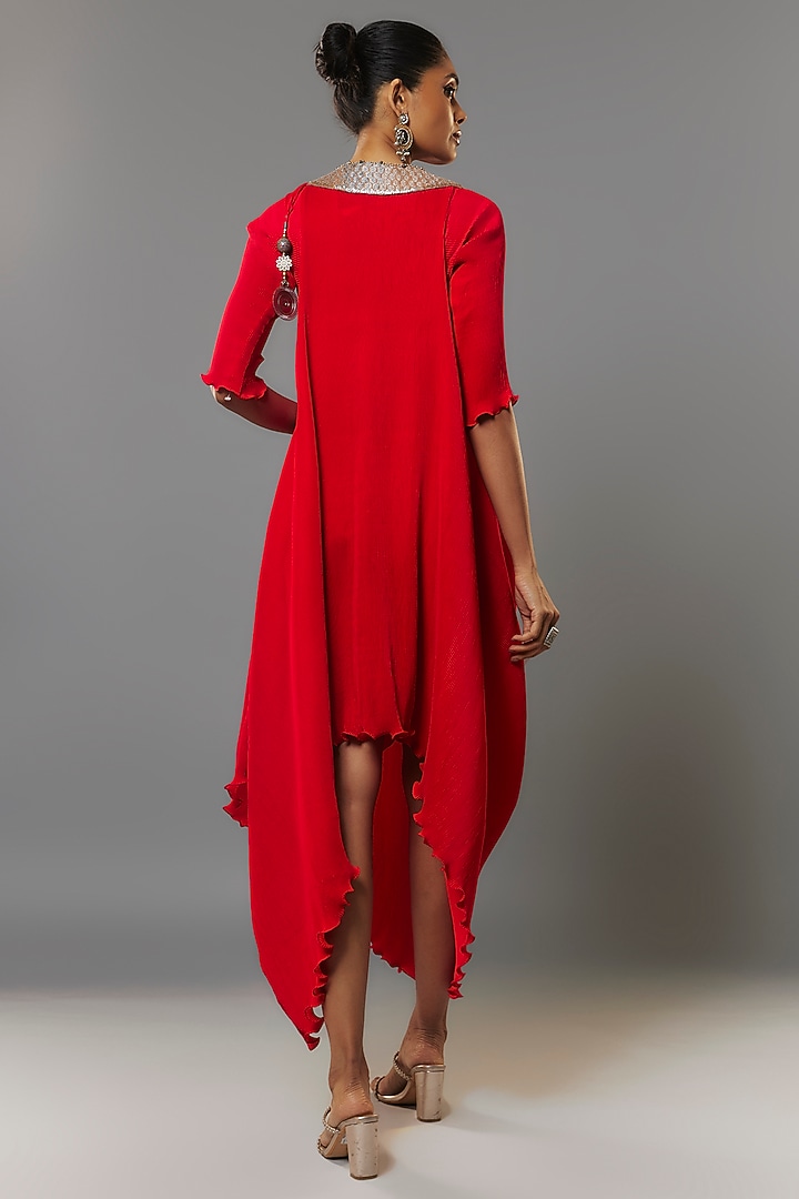 Red Pleated Polyester Tunic by Kiran Uttam Ghosh at Pernia's Pop Up Shop
