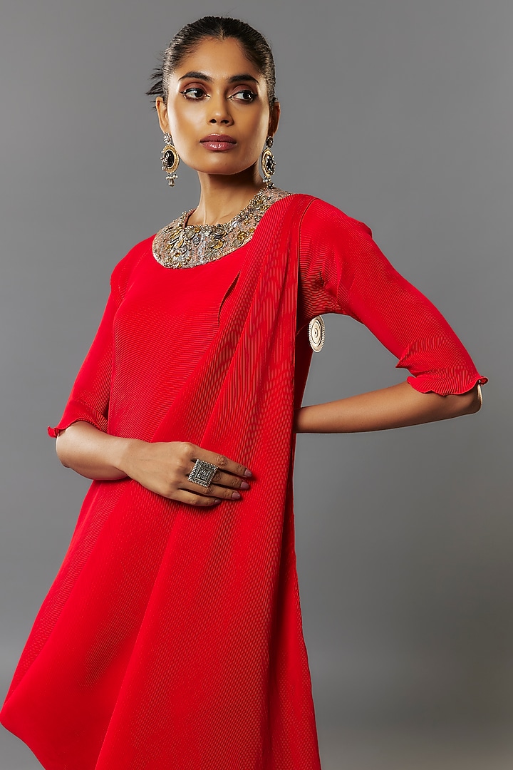 Red Pleated Polyester Tunic by Kiran Uttam Ghosh at Pernia's Pop Up Shop