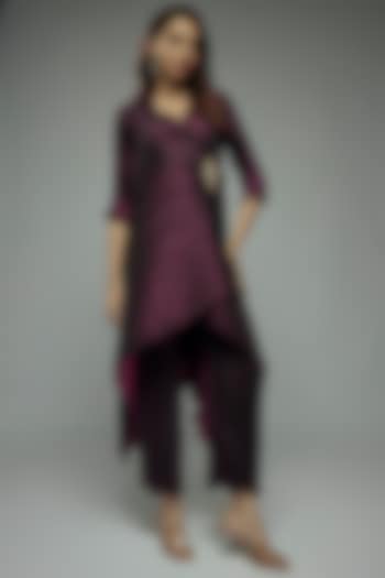 Purple Pleated Polyester Pants by Kiran Uttam Ghosh