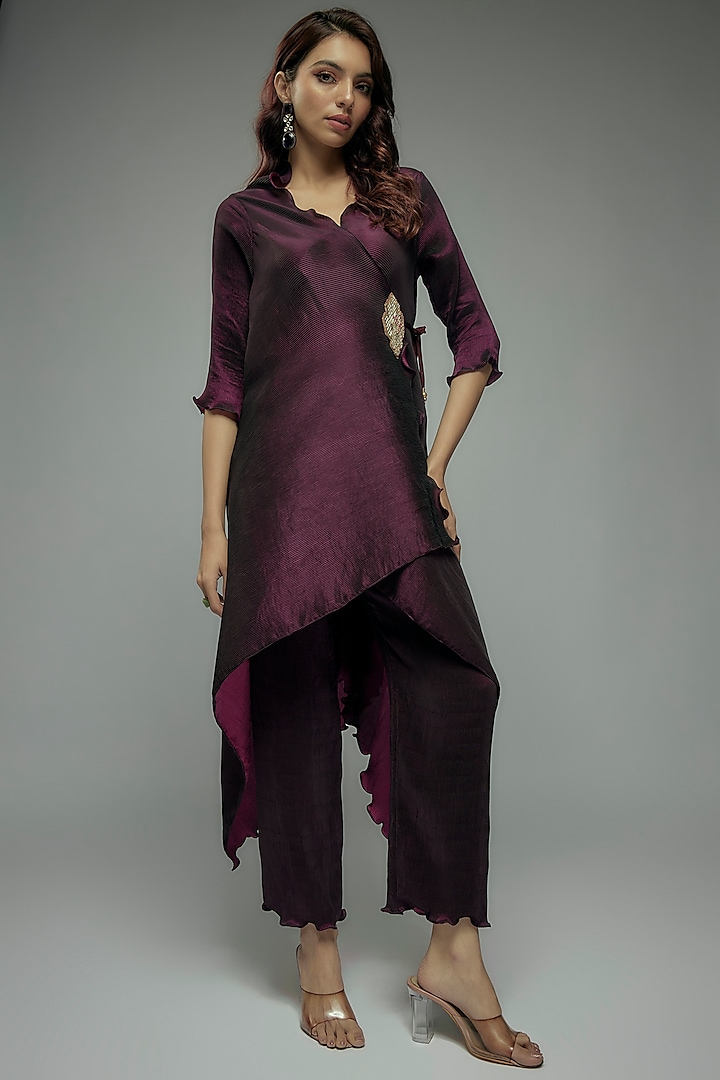 Purple Pleated Polyester Pants by Kiran Uttam Ghosh