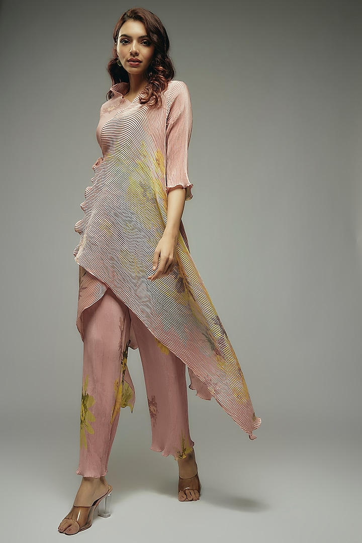 Peach Pleated Polyester Pants by Kiran Uttam Ghosh at Pernia's Pop Up Shop