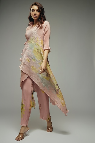 Peach Pleated Polyester Pants by Kiran Uttam Ghosh