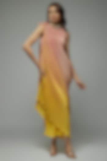 Peach & Yellow Pleated Polyester Tunic With Drape by Kiran Uttam Ghosh