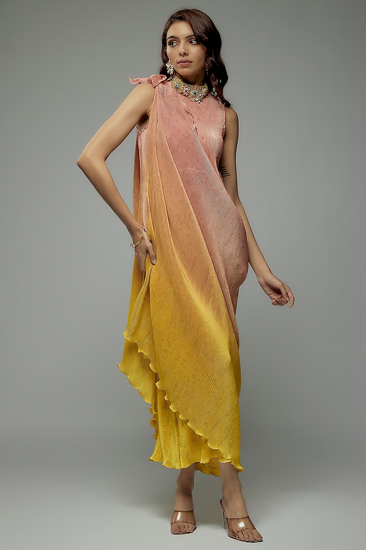 Peach & Yellow Pleated Polyester Tunic With Drape by Kiran Uttam Ghosh