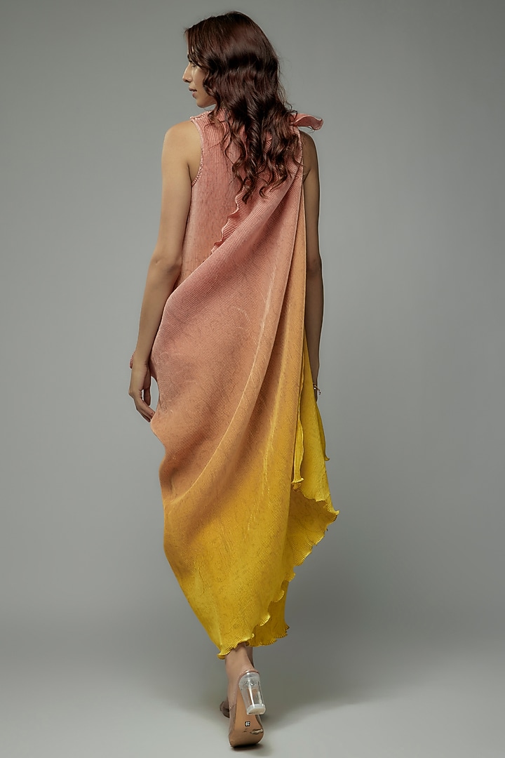 Peach & Yellow Pleated Polyester Tunic With Drape by Kiran Uttam Ghosh at Pernia's Pop Up Shop
