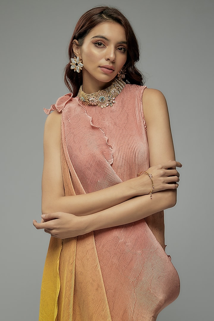 Peach & Yellow Pleated Polyester Tunic With Drape by Kiran Uttam Ghosh at Pernia's Pop Up Shop