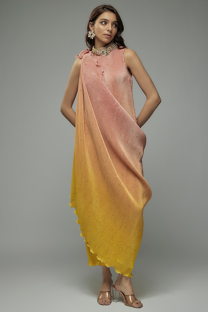 Peach & Yellow Pleated Polyester Tunic With Drape by Kiran Uttam Ghosh at Pernia's Pop Up Shop