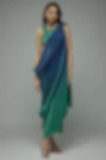 Blue & Green Pleated Polyester Tunic With Drape by Kiran Uttam Ghosh