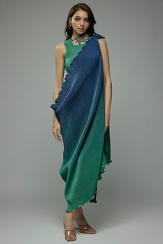 Blue & Green Pleated Polyester Tunic With Drape by Kiran Uttam Ghosh