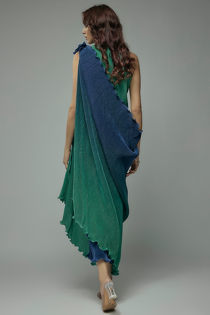 Blue & Green Pleated Polyester Tunic With Drape by Kiran Uttam Ghosh at Pernia's Pop Up Shop