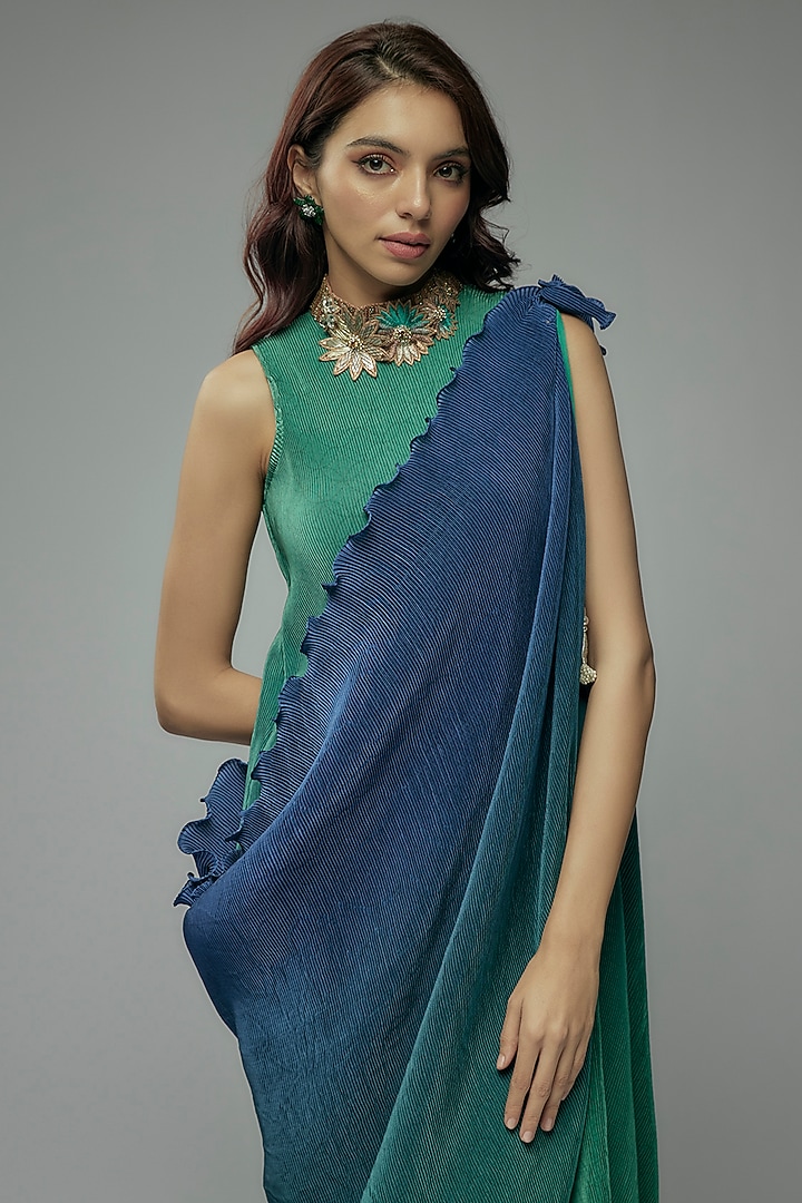 Blue & Green Pleated Polyester Tunic With Drape by Kiran Uttam Ghosh at Pernia's Pop Up Shop