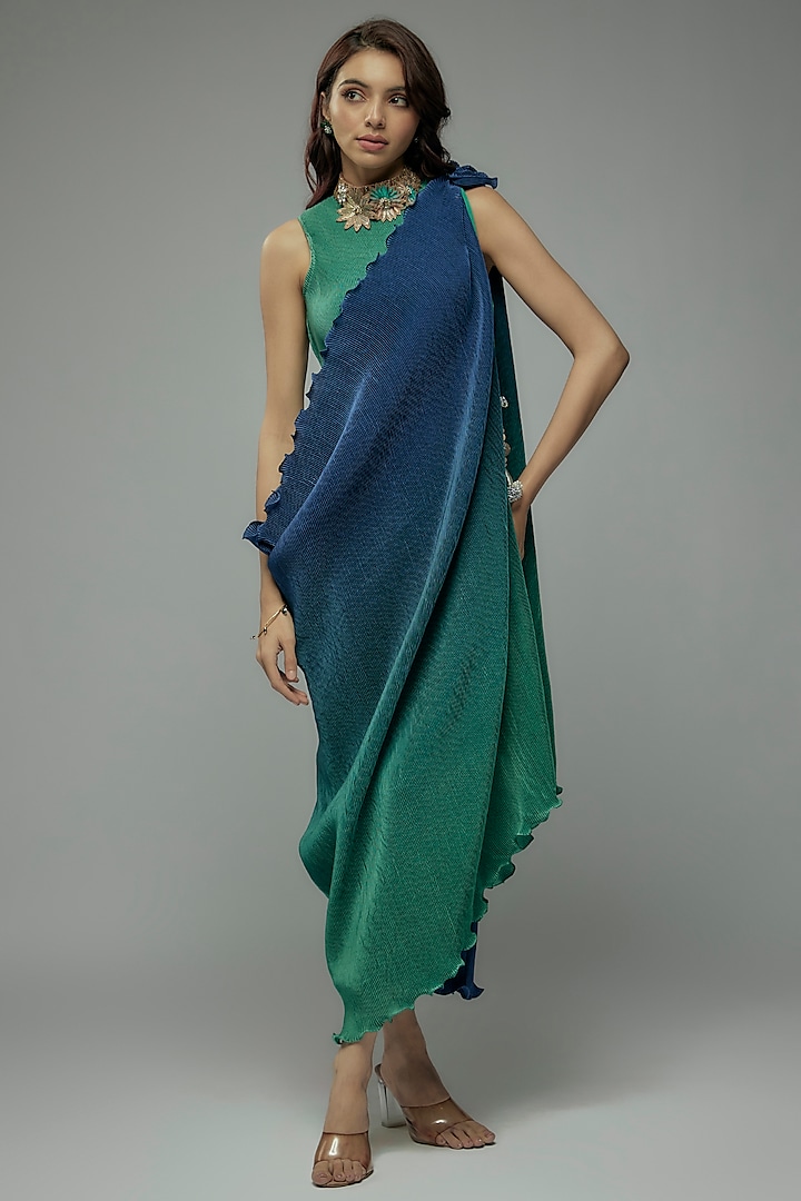 Blue & Green Pleated Polyester Tunic With Drape by Kiran Uttam Ghosh at Pernia's Pop Up Shop
