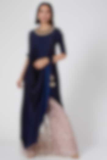 Navy Blue Embroidered Pleated Cape by Kiran Uttam Ghosh