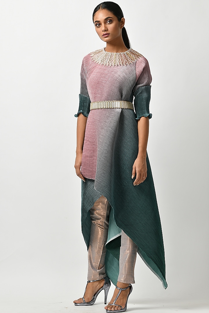 Salmon Pink & Teal Embroidered Tunic by Kiran Uttam Ghosh