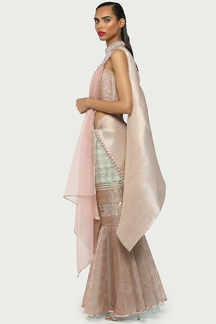 Mint Green & Salmon Skirt Set by Kiran Uttam Ghosh at Pernia's Pop Up Shop