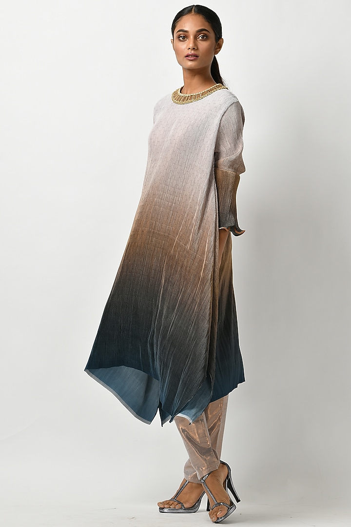 Beige & Navy Blue Embroidered Kaftan by Kiran Uttam Ghosh at Pernia's Pop Up Shop