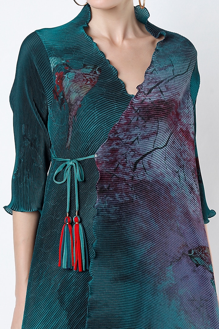 Deep Blue Printed Angrakha Tunic by Kiran Uttam Ghosh at Pernia's Pop Up Shop