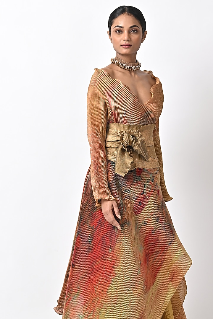 Gold Pleated Polyester Belt by Kiran Uttam Ghosh at Pernia's Pop Up Shop