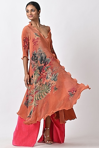 Rust Printed Angrakha Kurta by Kiran Uttam Ghosh