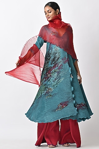 Turquoise Printed Angrakha Kurta by Kiran Uttam Ghosh