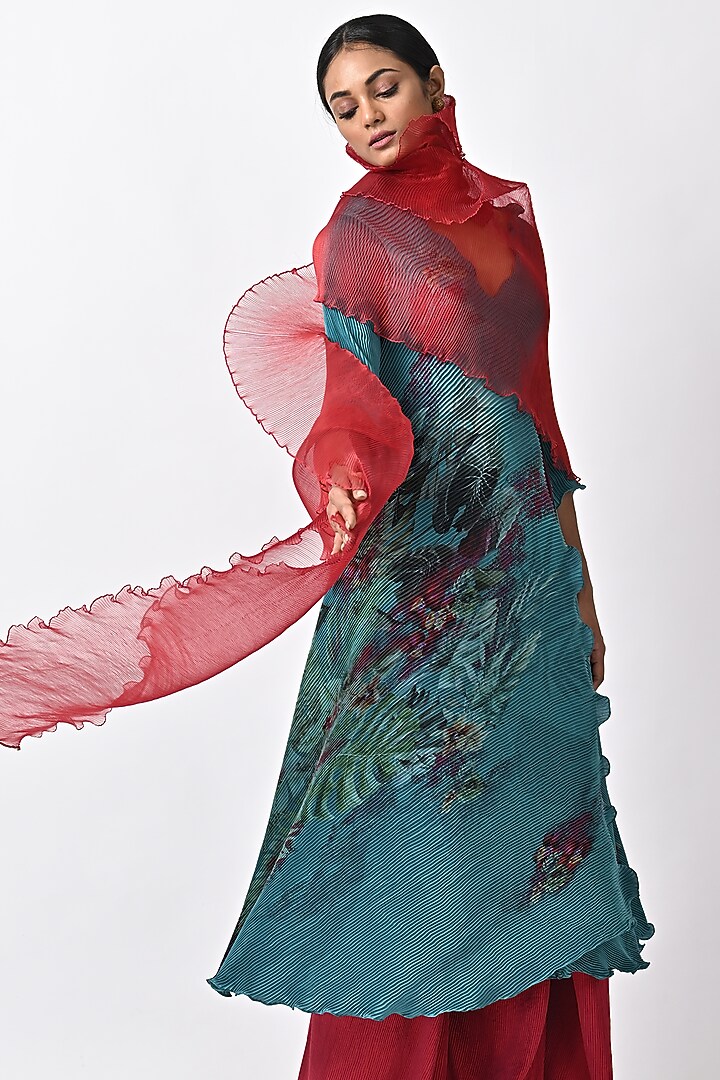 Turquoise Printed Angrakha Kurta by Kiran Uttam Ghosh at Pernia's Pop Up Shop