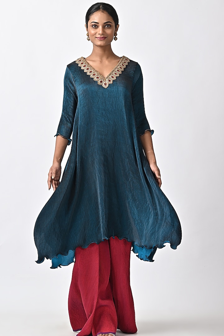 Blue-Green Embroidered Kaftan by Kiran Uttam Ghosh