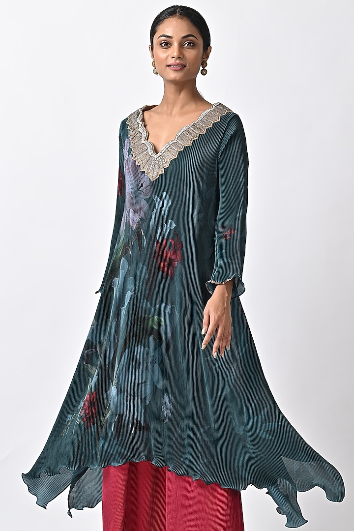 Blue-Green Printed Kaftan by Kiran Uttam Ghosh at Pernia's Pop Up Shop