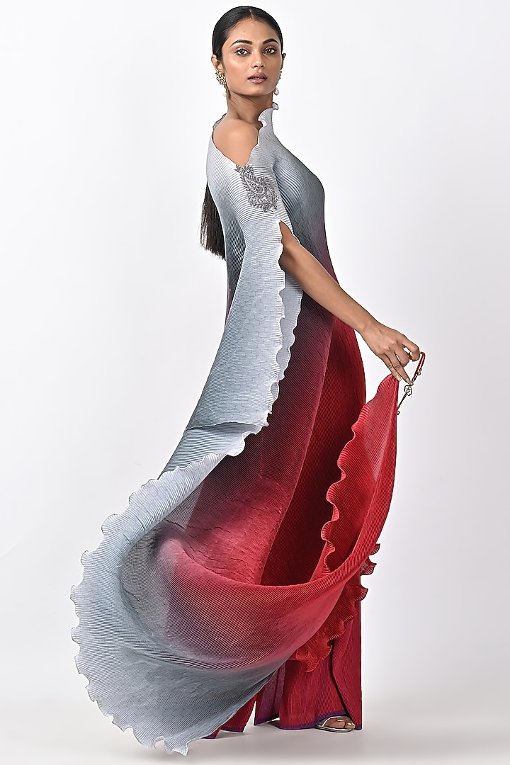 Silver & Red Ombre Pleated Tunic by Kiran Uttam Ghosh at Pernia's Pop Up Shop
