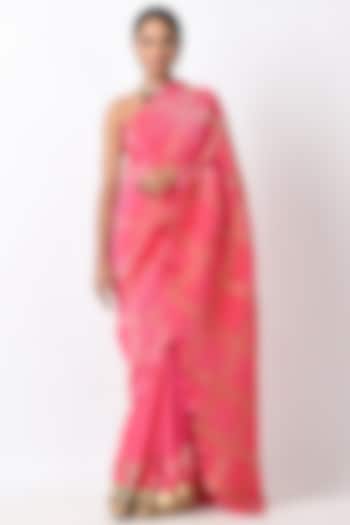 Fuchsia Pink Pleated Polyester Saree Set by Kiran Uttam Ghosh