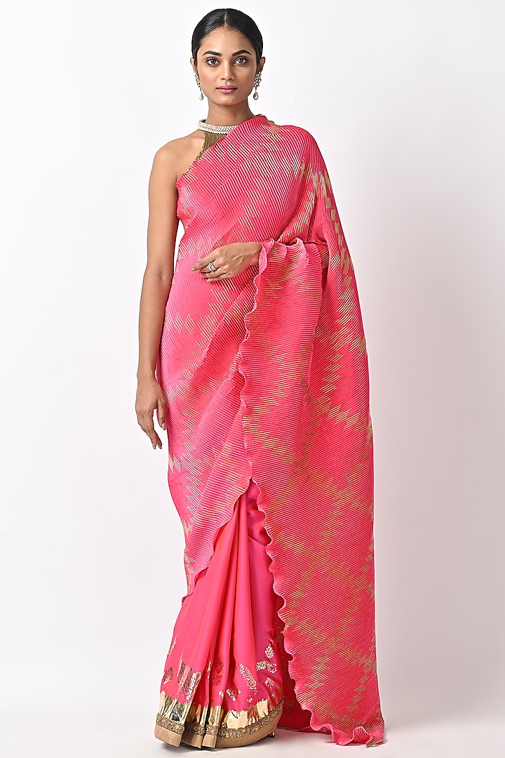 Fuchsia Pink Pleated Polyester Saree Set by Kiran Uttam Ghosh
