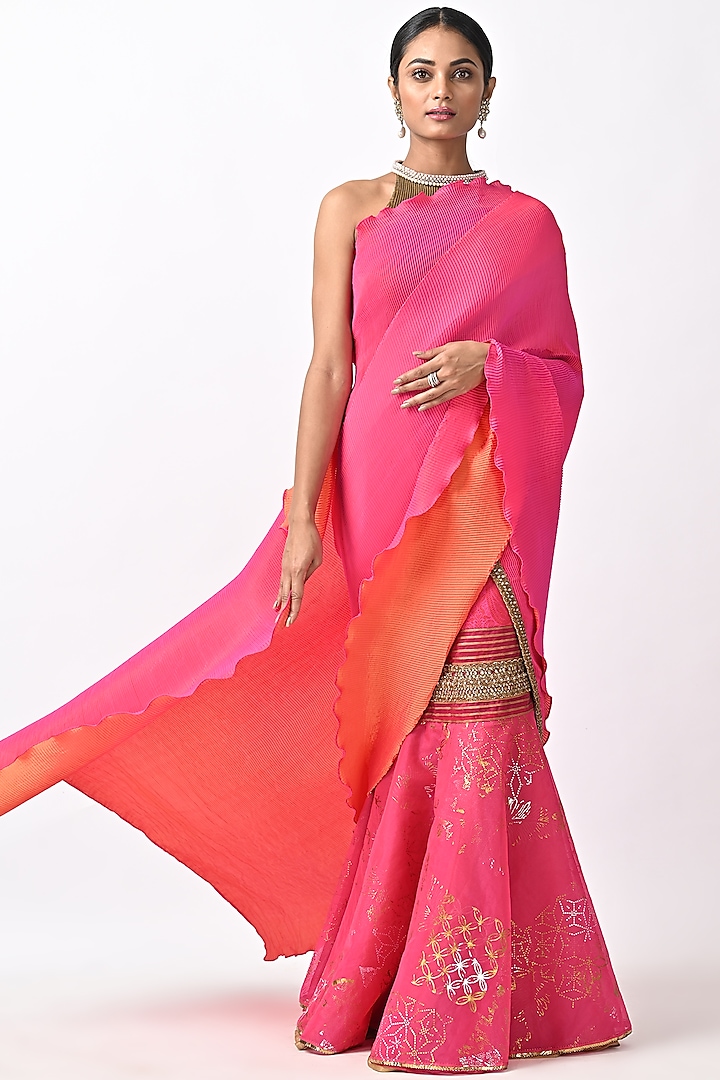 Fuchsia Pink Pleated Polyester Lehenga Saree Set by Kiran Uttam Ghosh