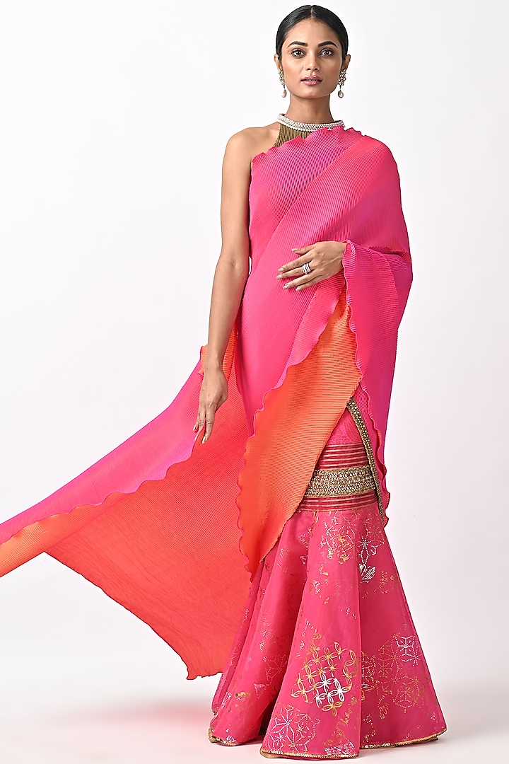 Fuchsia Pink Pleated Polyester Lehenga Saree Set by Kiran Uttam Ghosh at Pernia's Pop Up Shop