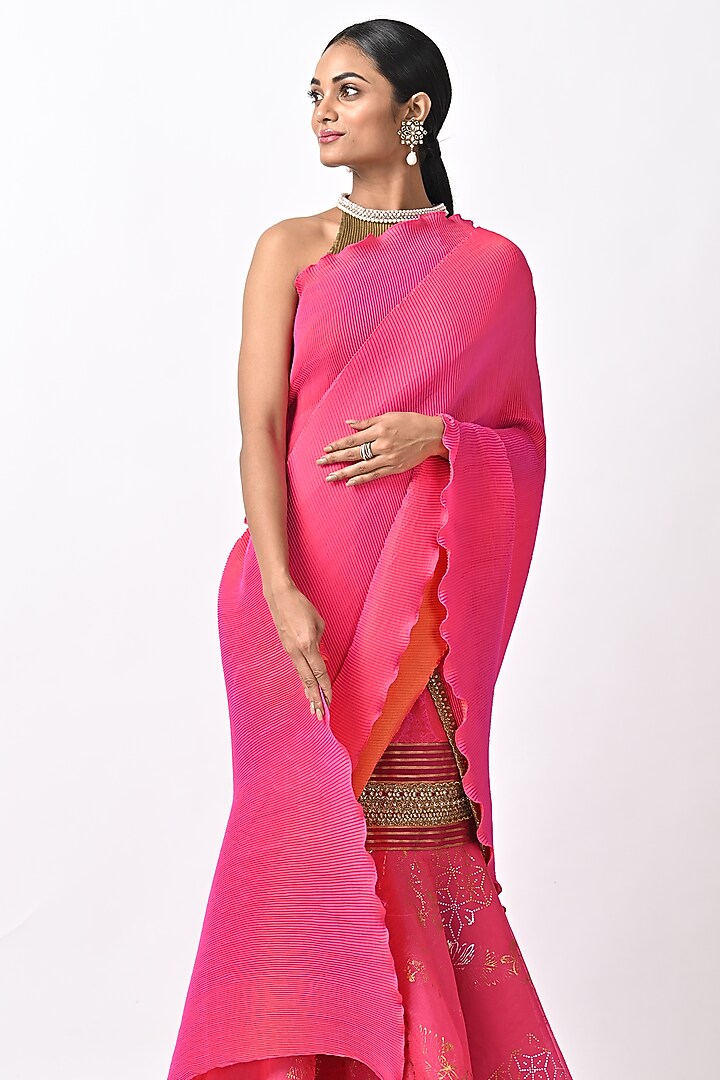 Fuchsia Pink Pleated Polyester Wedding Lehenga Saree Set by Kiran Uttam Ghosh at Pernia's Pop Up Shop