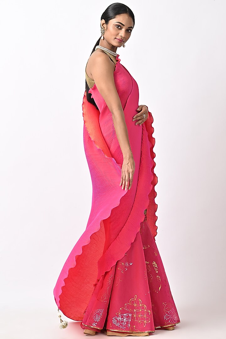 Fuchsia Pink Pleated Polyester Wedding Lehenga Saree Set by Kiran Uttam Ghosh at Pernia's Pop Up Shop