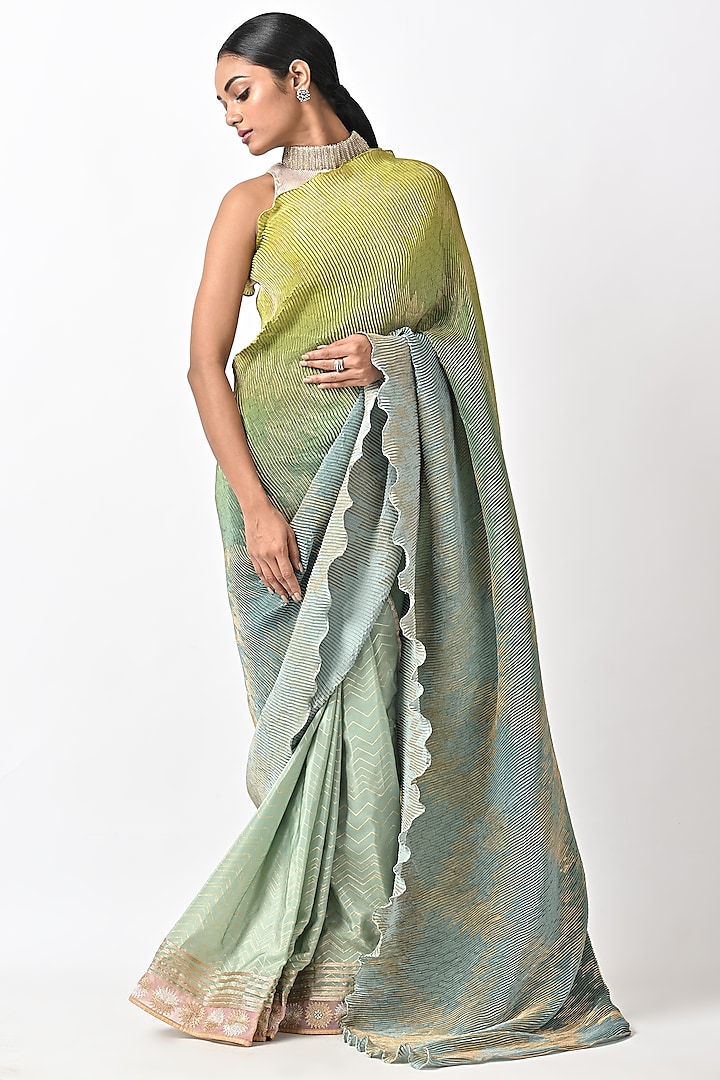 Lime & Sage Green Pleated Polyester Printed Saree Set by Kiran Uttam Ghosh