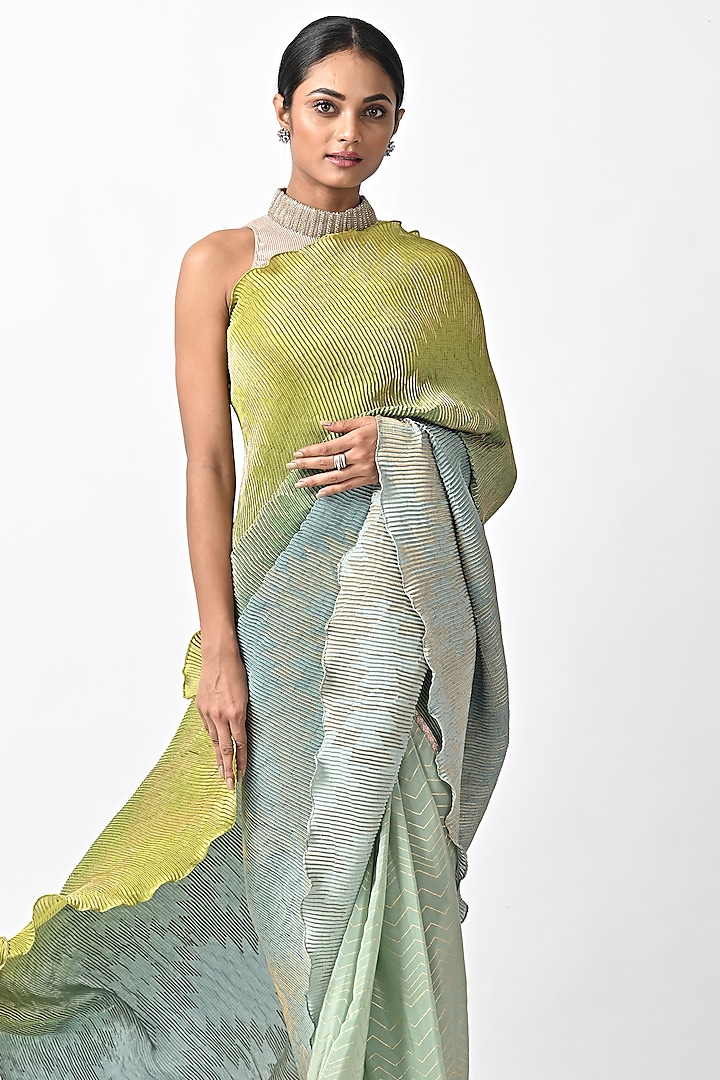 Lime & Sage Green Pleated Polyester Printed Wedding Saree Set by Kiran Uttam Ghosh at Pernia's Pop Up Shop