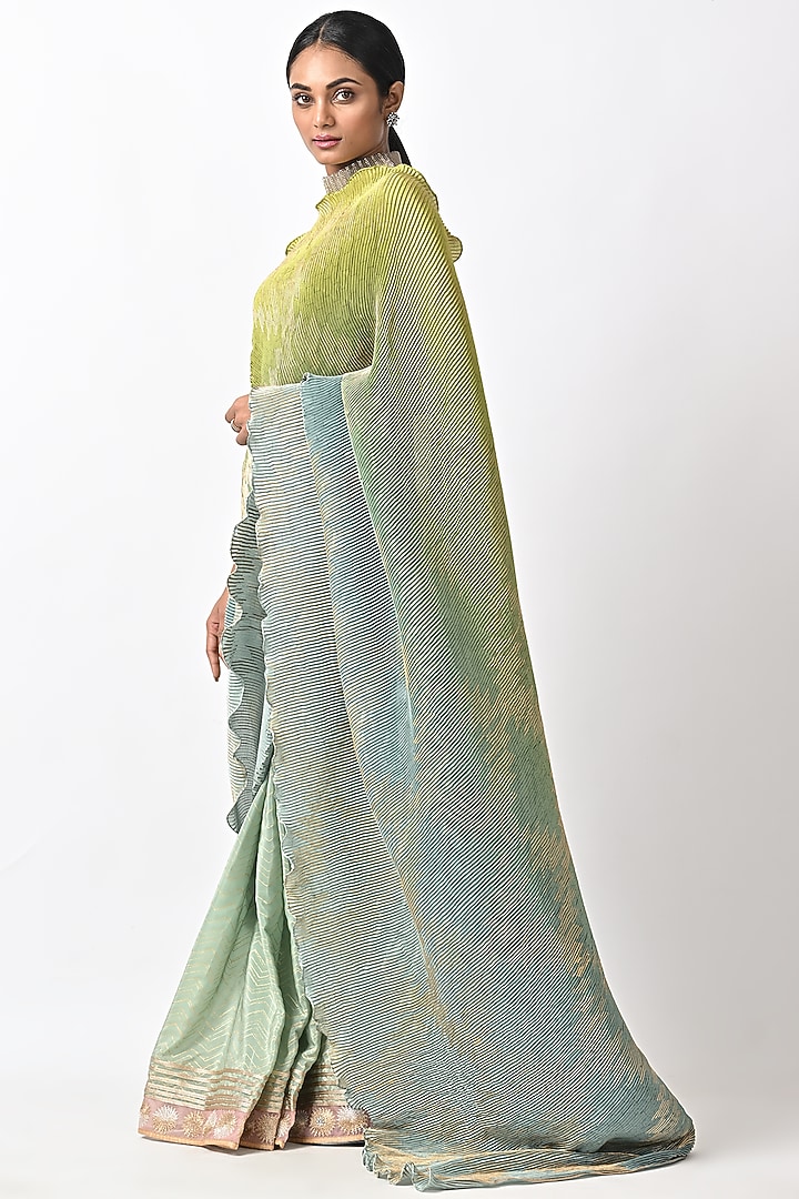 Lime & Sage Green Pleated Polyester Printed Wedding Saree Set by Kiran Uttam Ghosh at Pernia's Pop Up Shop