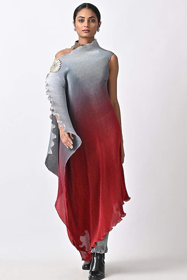 Silver & Red Ombre Pleated Tunic by Kiran Uttam Ghosh