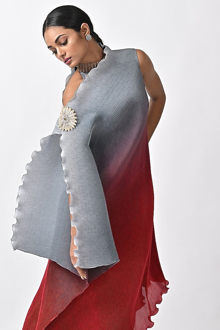 Silver & Red Ombre Pleated Tunic by Kiran Uttam Ghosh at Pernia's Pop Up Shop