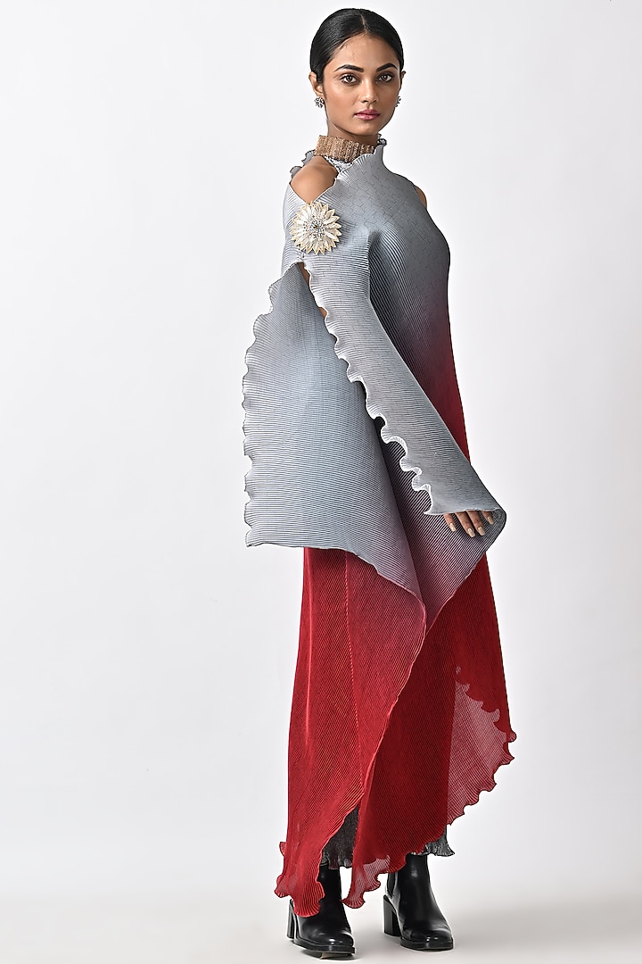 Silver & Red Ombre Pleated Tunic by Kiran Uttam Ghosh at Pernia's Pop Up Shop